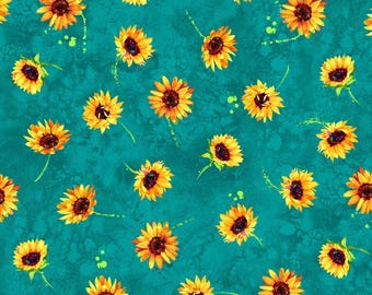 Sunflower Fabric, Sunflowers on Teal by Chong-A Hwang for Timeless Treasures Quilting Cotton Fabric, Sundance Collection