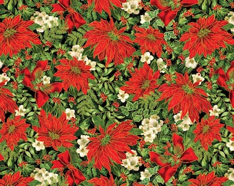 Poinsettia Fabric, Poinsettia Serenade on Black with Gold Metallic Accents Christmas Musical by Benartex Quilting Cotton Fabric 14027M-12B