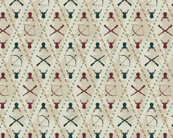 Hunting Fabric, Bow and Arrows on Beige Hunters Haven by Paintbrush Studio Quilting Cotton Fabric, Camping Fabric, Deer and Bow Motifs