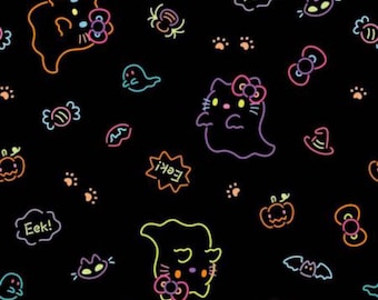 Hello Kitty Halloween Fabric, Hello Kitty Halloween Neon Ghost Kitty on Black Licensed by Sanrio for Springs Creative Novelty Cotton Fabric