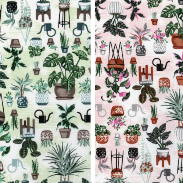 Potted House Plants, Patio Plants Leaves, Wishwell Robert Kaufman Quilting Cotton Fabric, Succulent Fabric, Monstera leaf fabric