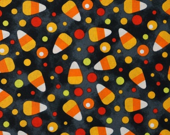 Candy Corn Toss on Black by David Textiles Novelty Cotton Fabric, Halloween Candy Fabric