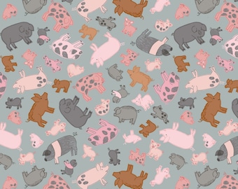 Piggies on Light Gray, Piggy Tails Collection by Lewis and Irene Quilting Cotton Fabric A534-2, Cute Pig Fabric, Pig Cotton Material