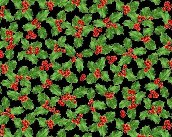 Holly Fabric, Holly with Gold Metallic Accents on Black by Timeless Treasures Quilting Cotton Fabric CM2897-HOLLY