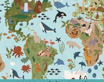 Animal Map Wideback, Created with Love Map on Sky Blue by Jennifer Long for Riley Blake 108" Wide Back Quilting Cotton Fabric, WB15977-SKY