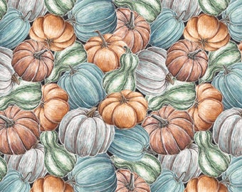 Pumpkin Fabric, Stacked Pumpkins Packed Late Summer Harvest Collection by Blank Quilting Cotton Fabric, Pumpkins and Gourds