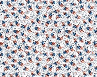 Patriotic Stamps Fabric, Letters from Home Stamps on White by Riley Blake Quilting Cotton Fabric, Quilt of Valor Fabric, C15613-WHITE