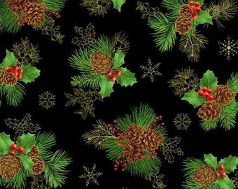 Christmas Pinecone Fabric, Pinecone Bouquet with Holly and Snowflakes and Gold Metallic Accents by Timeless Treasures Quilting Cotton Fabric