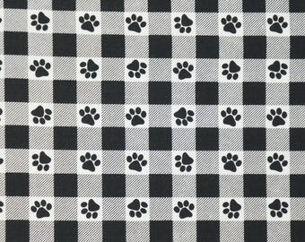 Buffalo Plaid Paw Print on Black and White Novelty Cotton Fabric, Dog Paw Fabric, Cat Paw Fabric,
