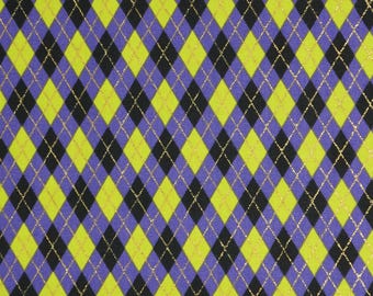 Argyle Halloween Fabric, Green and Purple Argyle with Gold Sparkle Halloween Novelty Cotton Fabric