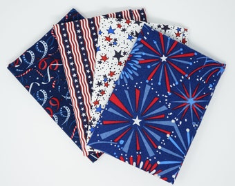 4 Fat Quarter Bundle - Patriotic Fireworks Ribbons and Stars 4th of July Novelty Cotton Fabric