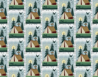 Hunting Fabric, Campsite Scene Hunters Haven by Paintbrush Studio Quilting Cotton Fabric, Camping Fabric, Tent Fabric