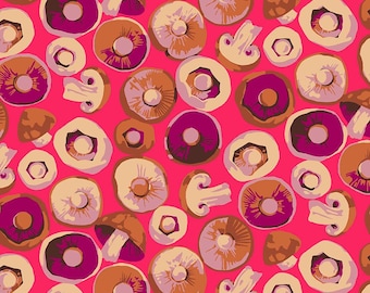 Mushroom Fabric, Button Mushroom on Pink Forage by Martha Negley for Free Spirit Quilting Cotton Fabric PWMN075.PINK