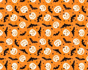 Pumpkin and Bat Fabric, Bats and Pumpkins Orange Midnight Hauntings by Michael Davis for Wilmington Prints Quilting Cotton Fabric 96487-819