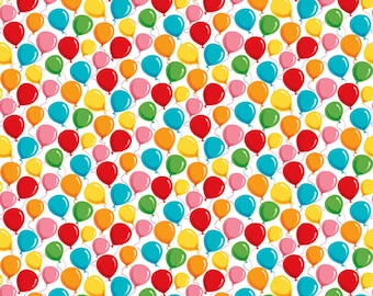 Birthday Balloon Fabric, Colorful Balloons on White Party Animal Collection by Rob Parkinson for Henry Glass Quilting Cotton Fabric