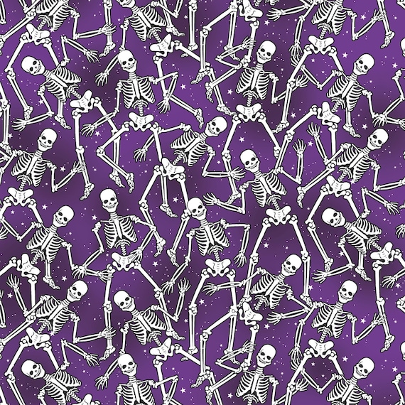 Glow Halloween Skeleton Fabric, Skeleton Crew on Purple Glow in the Dark Halloween Spirit by Benartex Quilting Cotton Fabric, 12542G-66B