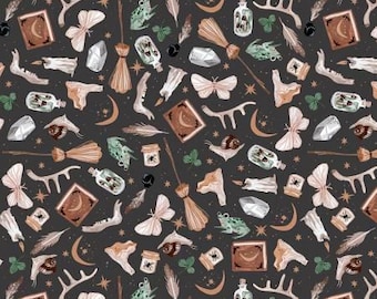 Halloween Goblincore Fabric, Magic Tools on Carbon Black Goblincore by Rae Ritchie for Dear Stella Quilting Cotton Fabric, ST-DRR2539CARBON