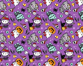 Hello Kitty Halloween Fabric, Hello Kitty Costume on Purple Licensed by Sanrio for Springs Creative Novelty Cotton Fabric