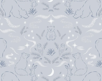 Arctic Animal Fabric, Arctic Lights on Light Gray by Lewis and Irene Quilting Cotton Fabric, Polar Bears, Arctic Fox and Owls CC28.1