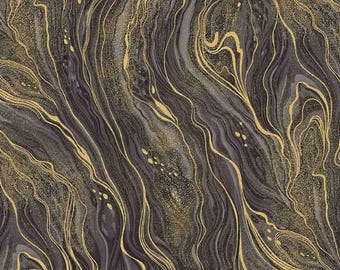 Silver and Gold Metallic Oil Slick Fabric, Iron Abstract Marbling Quilting Cotton by Timeless Treasures, Charcoal Modern Sewing Fabric