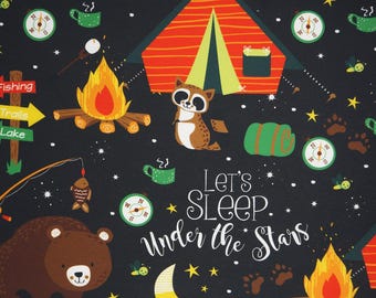 Gone Camping Bear and Racoon Outdoor Canvas Fabric 100% Polyester, Great for making Outdoor Pillows/Decor, Carrying Bags or Backpacks