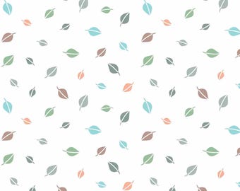 Forest Leaves Flannel Fabric, Forest Leaves Tossed on White Cozy Forest by Kanvas Studio for Benartex Comfort Flannel Fabric, Nursery
