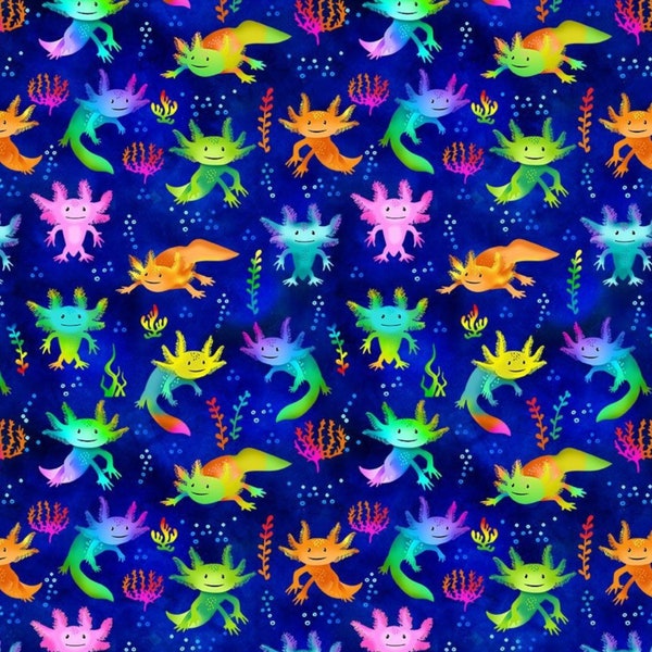 Axolotl Fabric, Cute Axolotl Salamanders by Gail Cadden for Timeless Treasures Quilting Cotton Fabric, Rainbow Axolotls, Digitally Printed