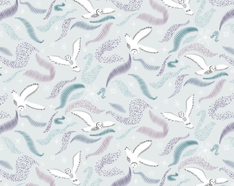 Owl Fabric, Arctic Aura Owl on Light See Mist by Lewis and Irene Quilting Cotton Fabric, CC29.1
