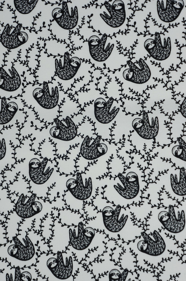 Black and White Sloths By Dear Stella Quilting Cotton Fabric, Small Print Sloths, ST-WG1985WHITE, ABC Menagerie by Wee Gallery Collection immagine 1