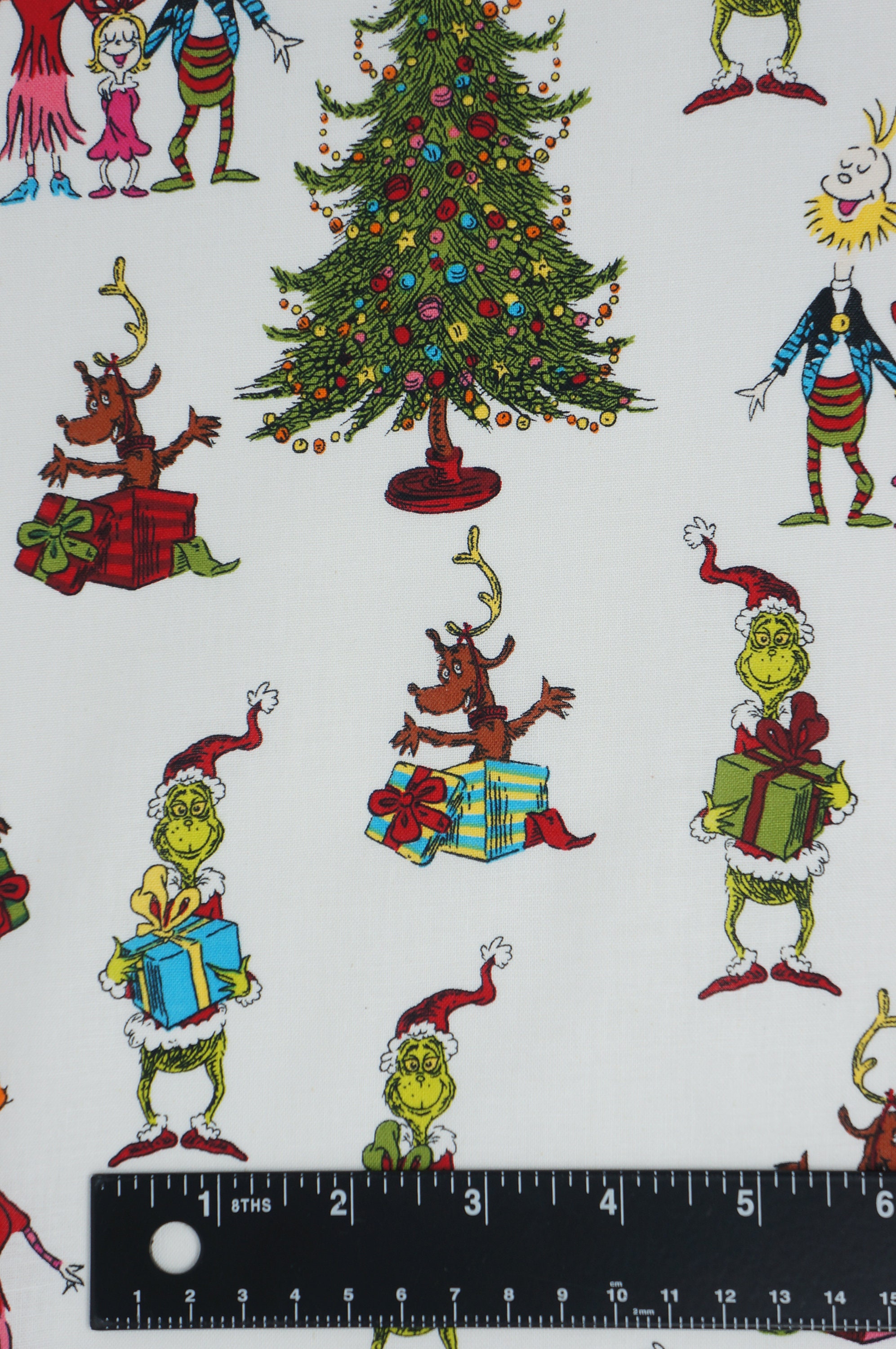 Grinch Whoville White Cotton Fabric, How the Grinch Stole Christmas Licensed Robert Kaufman