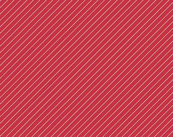 Thin White Stripe on Red Fabric, Thin White Diagonal Stripe on Red Cheefully Red by Riley Blake Quilting Cotton Fabric, White Stripe Fabric