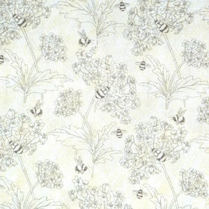 May include: A light-colored fabric featuring a repeating pattern of brown line-art illustrations of bees and clusters of small flowers. The background has a subtle, mottled yellow and cream texture, creating a soft, organic appearance throughout.