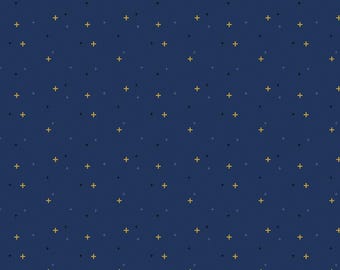 Navy Blender Fabric, Sparkler on Navy Riley Blake Quilting Cotton Fabric, Gold Metallic Plus Signs, SC650-NAVY