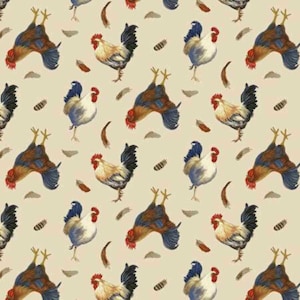Tela de pollos, gallos y pollos mezclados sobre crema The Chicken Club de Kathleen Hill para Studio E Quilting Cotton Fabric