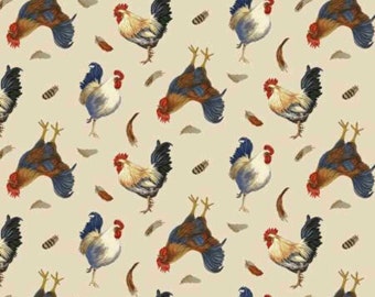 Chicken Fabric, Tossed Roosters and Chickens on Cream The Chicken Club by Kathleen Hill for Studio E Quilting Cotton Fabric