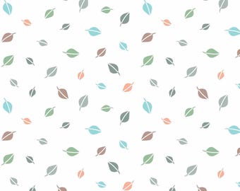 Forest Leaves Flannel Fabric, Forest Leaves Tossed on White Cozy Forest by Kanvas Studio for Benartex Comfort Flannel Fabric, Nursery