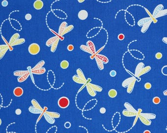 Dragonfly Fabric, Dragonfly and Dots Glow on Royal Blue by Kanvas Studio for Benartex Quilting Cotton Fabric, Rainforest Glow Blender