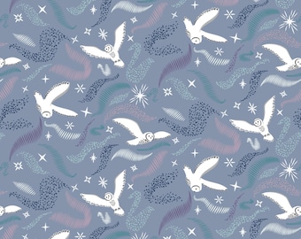 Owl Fabric, Arctic Aura Owl on Cool Purple Gray by Lewis and Irene Quilting Cotton Fabric, Northern Lights and Owls, CC29.2