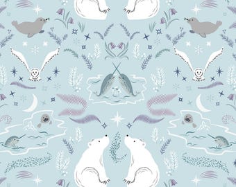 Arctic Animal Fabric, True North on Light Blue by Lewis and Irene Quilting Cotton Fabric, Polar Bear Fabric, CC26.1