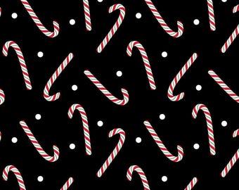 Candy Cane Fabric, Jolly Candy Canes on Black Country Christmas by Benartex Kanvas Studio Quilting Cotton Fabric, 14012-12B