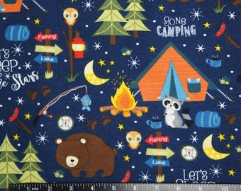 Gone Camping Bear Snuggle Flannel Cotton Fabric, Bears Camping Under the Stars