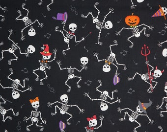 Dancing Halloween Skeletons Novelty Cotton Fabric by Fabric Traditions, Skeletons in Halloween Costumes