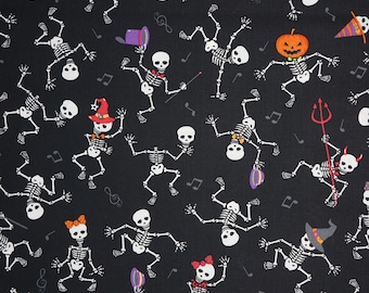 Dancing Halloween Skeletons Novelty Cotton Fabric by Fabric Traditions, Skeletons in Halloween Costumes