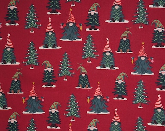 Holiday Gnomes in Christmas Trees on Red Novelty Cotton Fabric, Gnomey Christmas Trees on Red