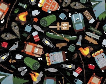 Camping Fabric, Gone Camping on Black Moose Creek Lodge by Benartex Quilting Cotton Fabric, Camping Gear Fabric, 12922B-12