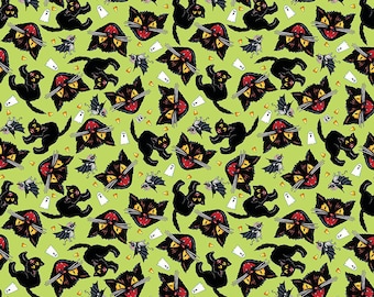 Halloween Cat and Mouse on Lime Spooky Cute Halloween by Mary Engelbreit for FreeSpirit Halloween Quilting Cotton PWMY004.LIME
