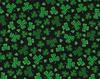 Gingham and Solid Clovers on Black St Patick's Day Quilting Cotton Fabric by Fabric Traditions, Luck of the Irish
