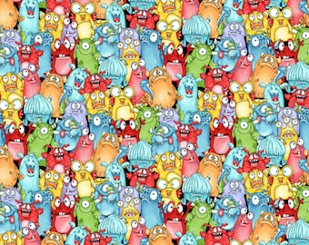 Monster Glow in the Dark Fabric, Packed Monsters Glow Monster'ocity by Henry Glass Quilting Cotton Fabric, Friendly Monster Fabric