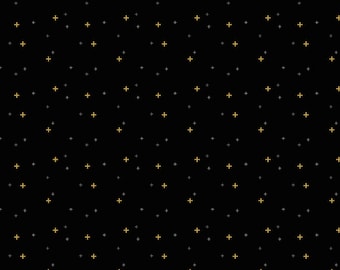 Black Blender Fabric, Sparkler on Black Riley Blake Quilting Cotton Fabric, Gold Metallic Plus Signs, SC650-BLACK