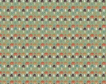 Mushroom Fabric, Cottage Mushrooms on Sage Green Cottage Core by Jessica Flick for Benartex Quilting Cotton Fabric 16378B-44